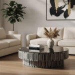 Modern round coffee table with sculptural base styled in a neutral contemporary living room